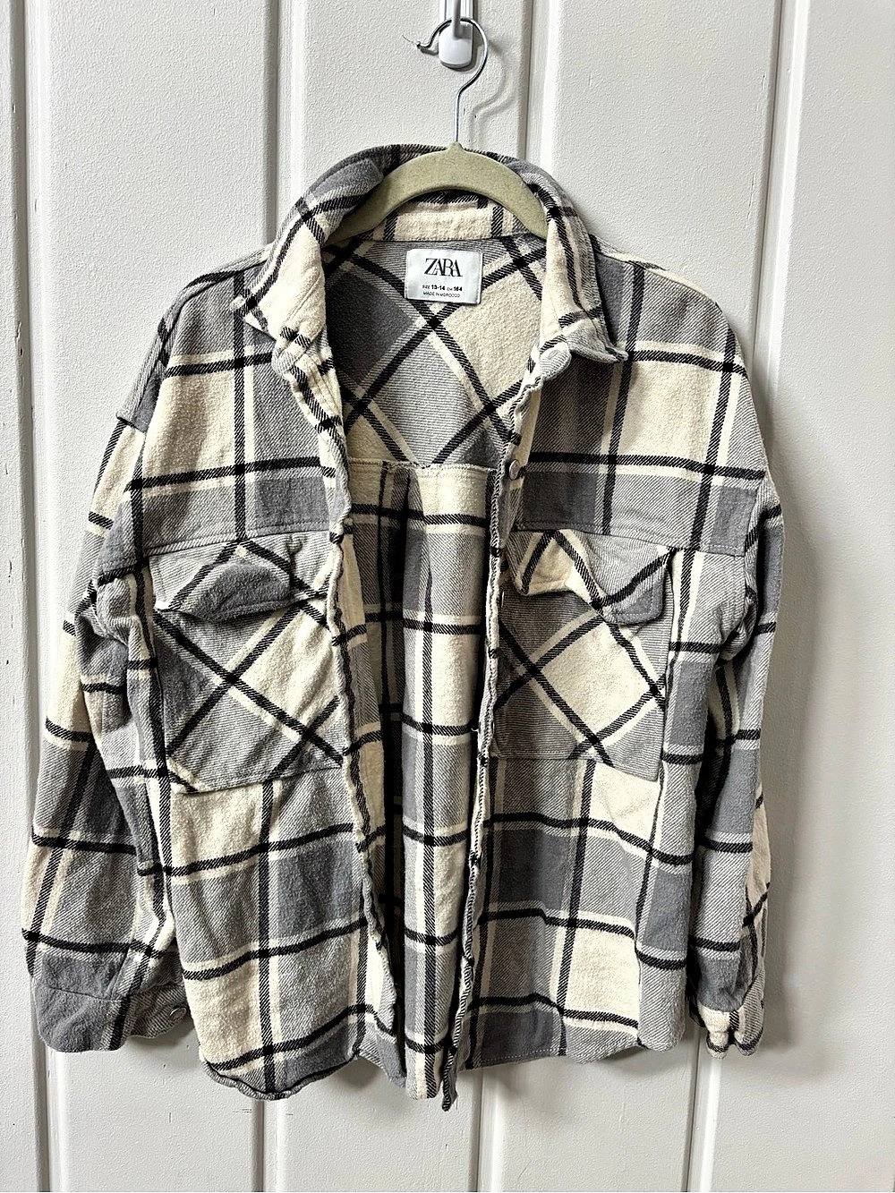 Zara Girls Plaid Overshirt Size 13-14 Gray & Cream